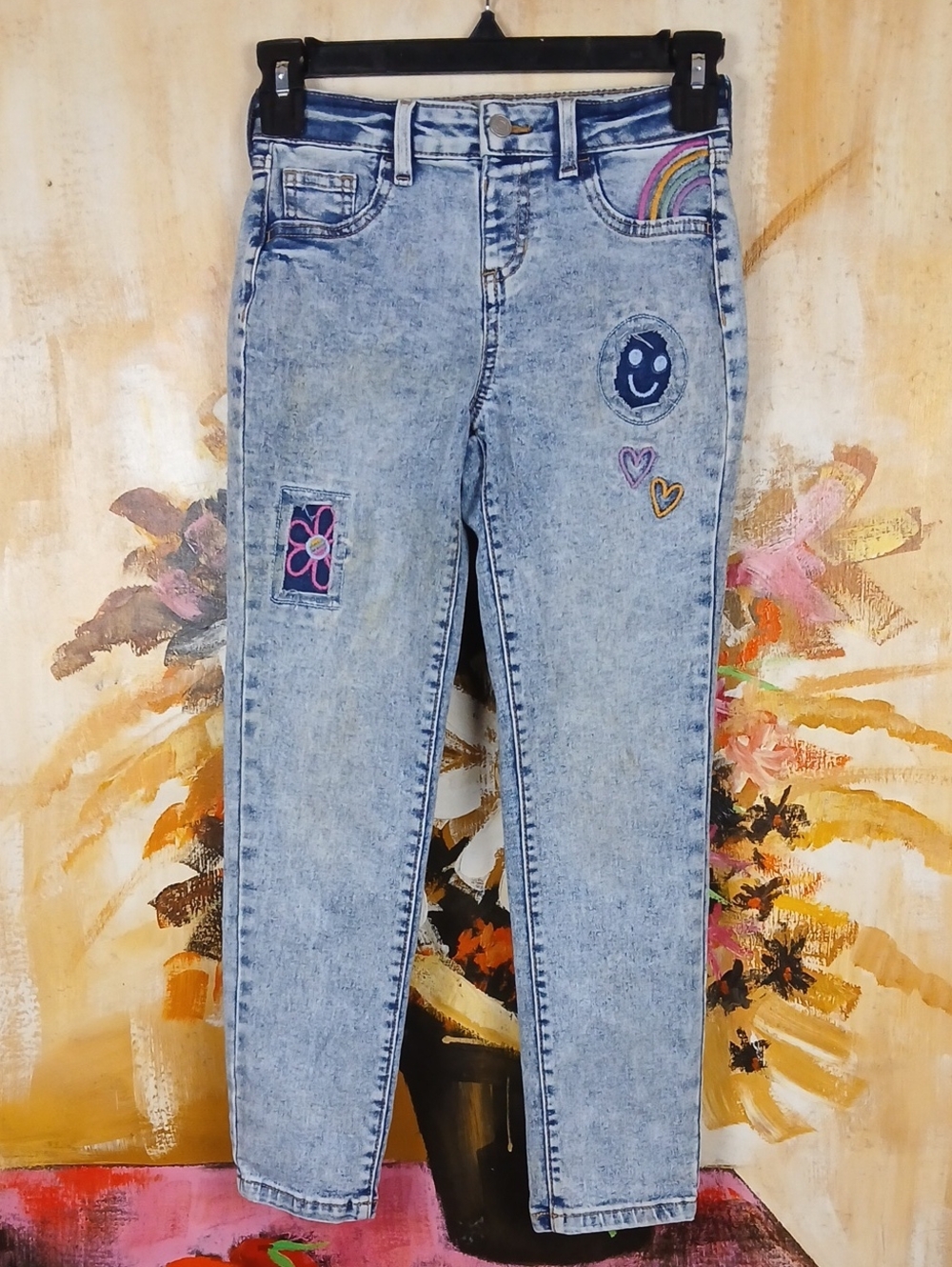 Jumping Beans Girls Acid Wash Patched Skinny Jeans Size 8